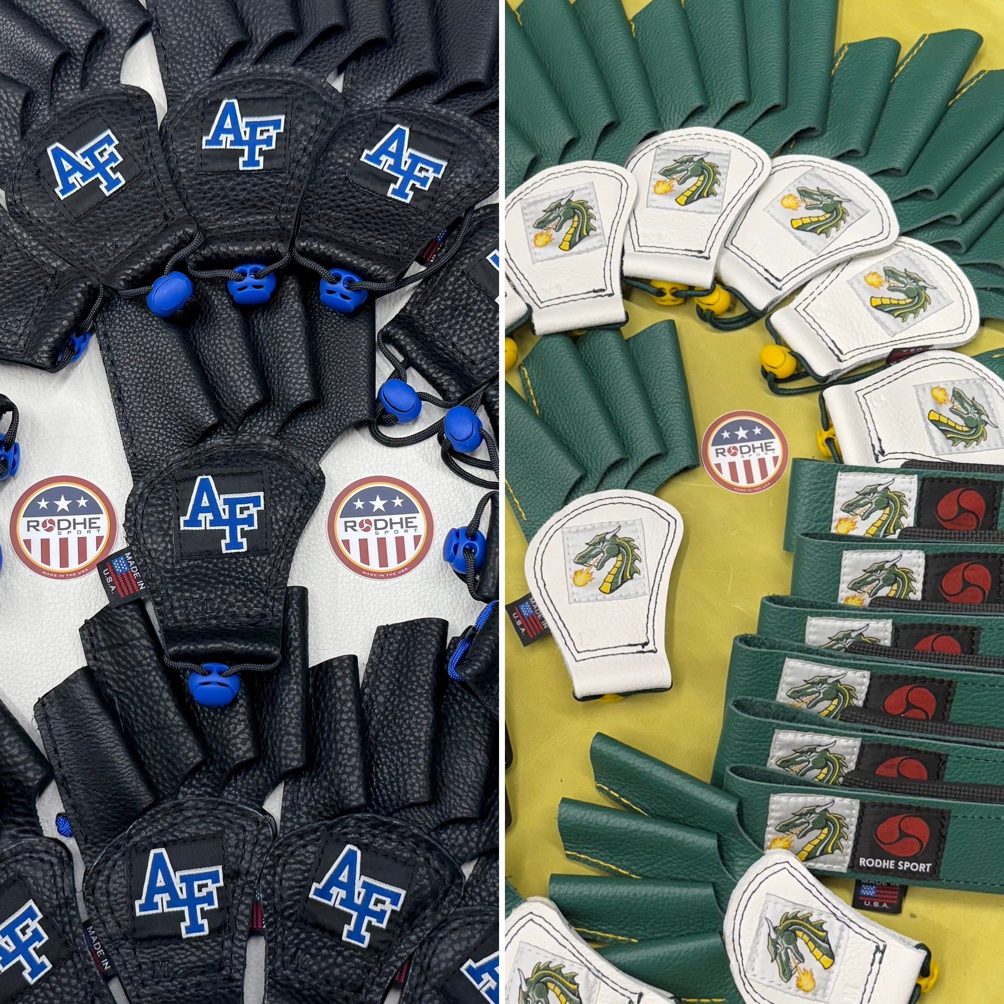 A split photo showcases leather gloves made in team themes. One in black, blue, and white and one in green and white with a dragon patch.
